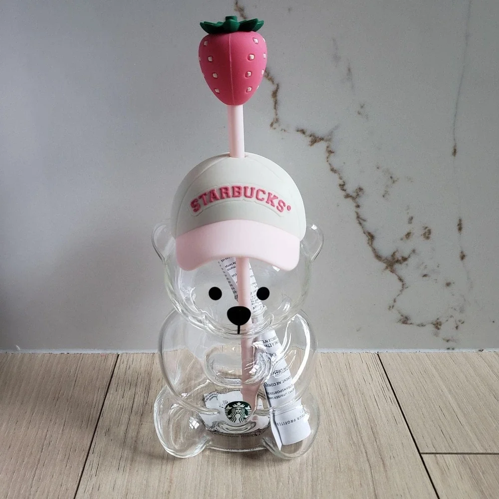 Starbucks Bearista Glass Pink Drink Bear Tumbler Strawberry Straw Cup 20oz